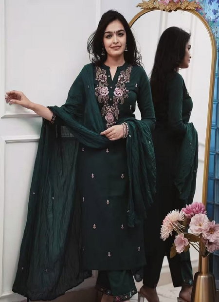 SI 196 Rayon Slub With Embroidery Work Top With Bottom Dupatta Online Wholesale
